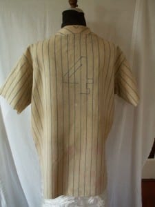 Back view of Lou Gehrig's number 4 jersey after conservation on a mannequin.