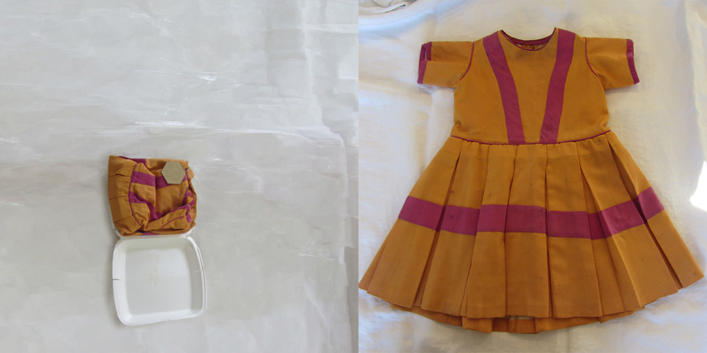 Child's dress, improperly stored in Chinese food container, soiled, and torn