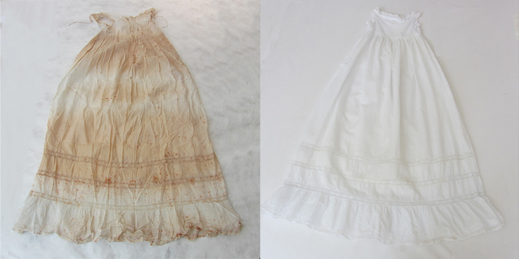Family christening dress, stored without cover in camphor chest