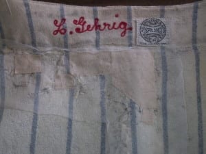 Interior of Lou Gehrig's jersey after conservation, showing stabilizing patches.