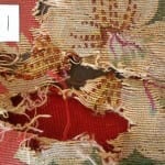 Condition documentation of needlework chair seat area 1, showing severe loss and fraying before conservation.