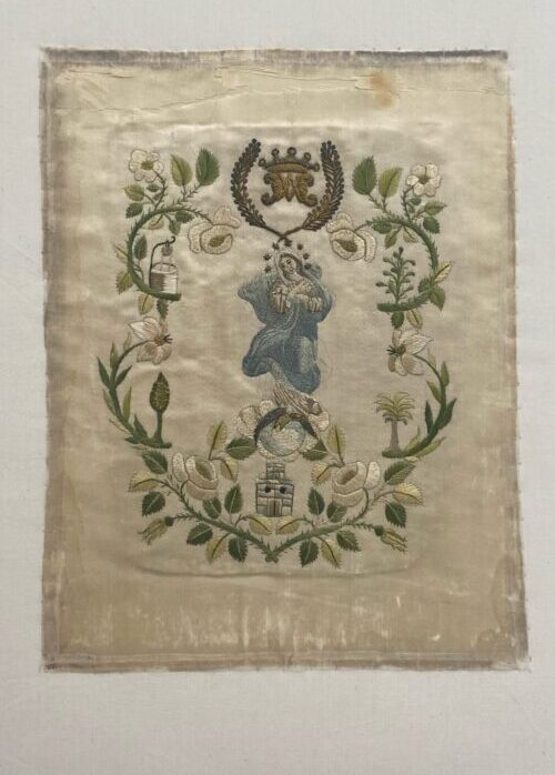 Antique silk embroidery of Mary